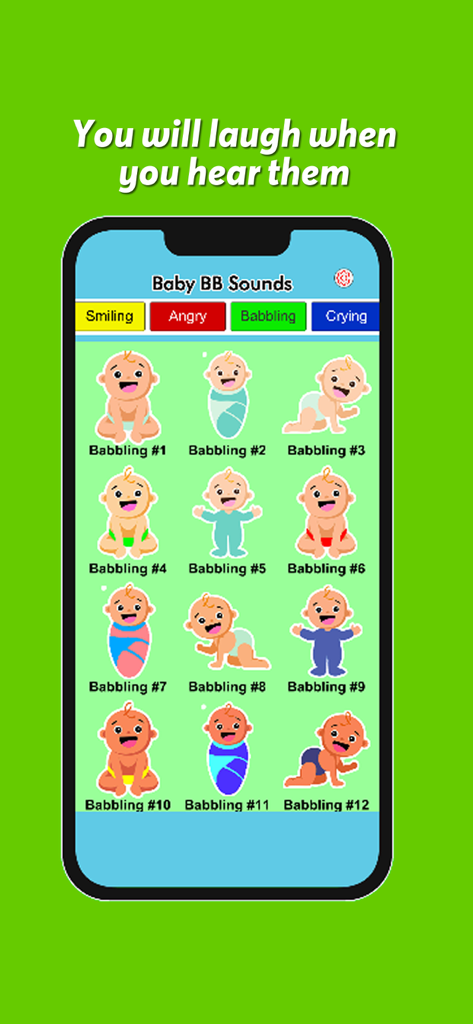 Baby BB Sounds - A mobile app screen for Baby BB Sounds showing a grid of cute cartoon baby illustrations labeled with different babbling sound effects