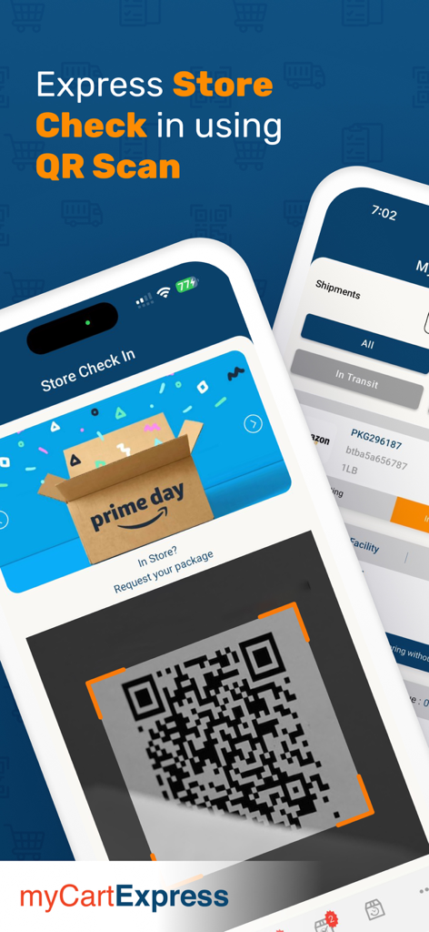 Mycart Express - Mycart Express mobile App, die die Express-Filial-Check-in-Funktion über QR-Code-Scan zur Paketabholung anzeigt.