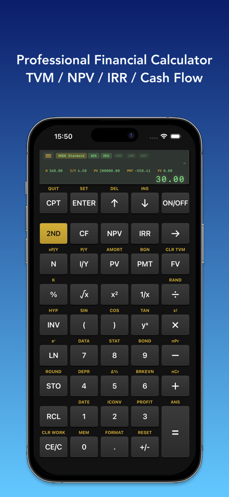 FinCalc: BA II Plus Emulator - Professional financial calculator interface showing TVM NPV and IRR functions on iPhone screen