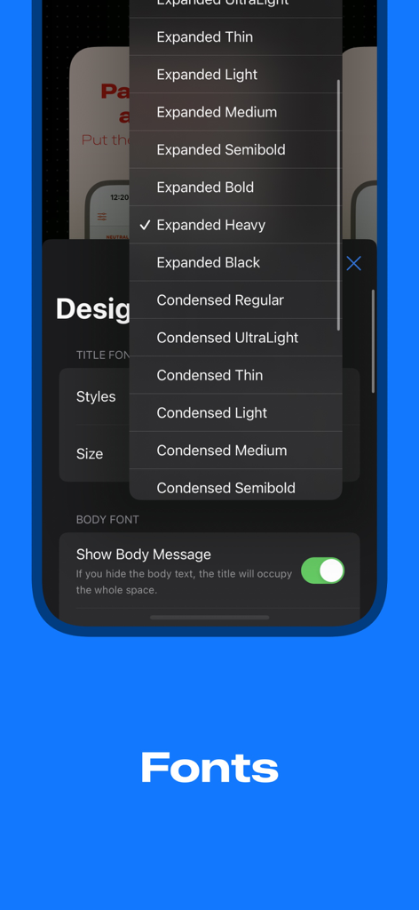 Screenshot Studio - App Mockup - Menu de seleção de fontes no Screenshot Studio mostrando vários estilos expandidos e condensados para mockups de aplicativos