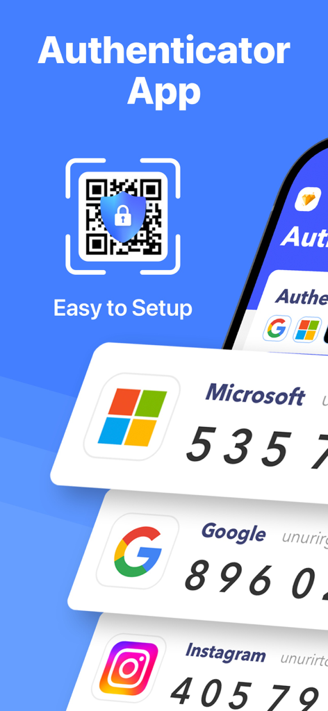 A mobile interface for the Authenticator App showing 2FA codes for Microsoft Google and Instagram with a QR code setup icon