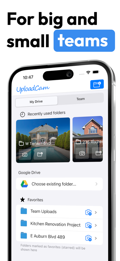 UploadCam. Company Camera - UploadCam app interface showing team project folders and cloud storage options for field documentation