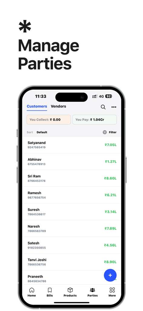 Swipe - Invoicing and Payments - Interfaz de la aplicación Swipe que muestra una lista gestionada de clientes y proveedores con saldos de pago.