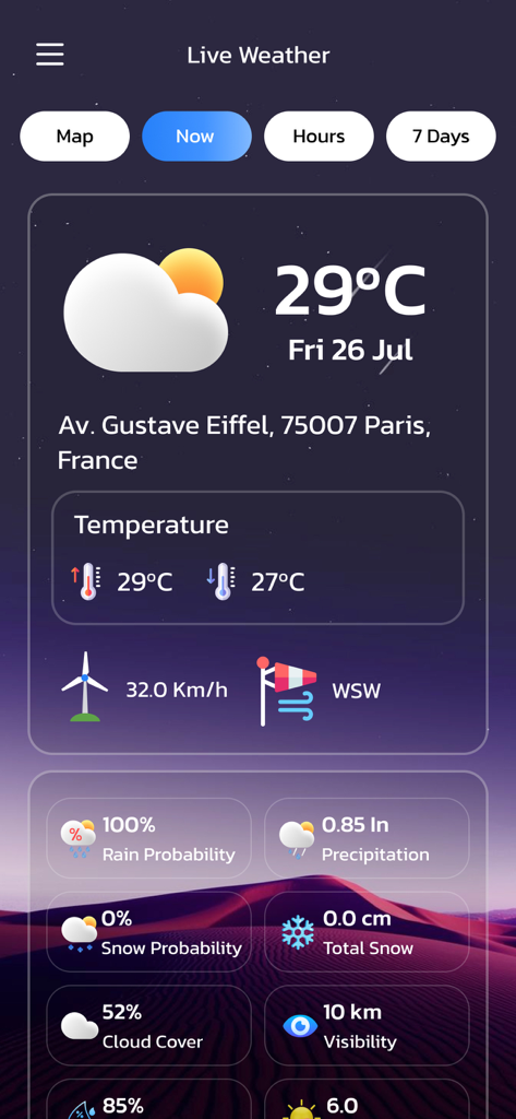 Weather AI app interface showing current temperature and detailed live forecast data for Paris