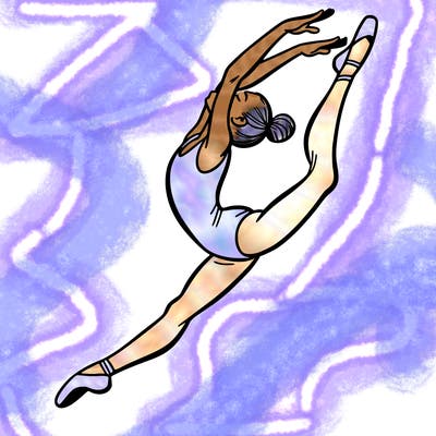 gymnast doing a leap in a leotard with a bent back leg