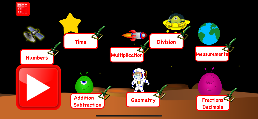 Fourth Grade Math Games Kids - Main menu screen of Fourth Grade Math Games for kids featuring various math topics with a space theme.