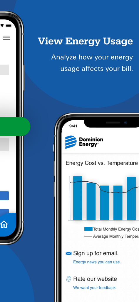 Dominion Energy - A mobile app screen from Dominion Energy showing a bar chart for analyzing energy cost versus temperature.