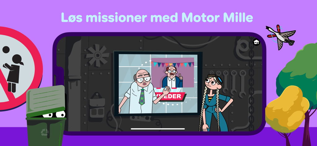 DR Ramasjang Motor Mille - Motor Mille character in a secret mission screen with a grumpy adult on a monitor