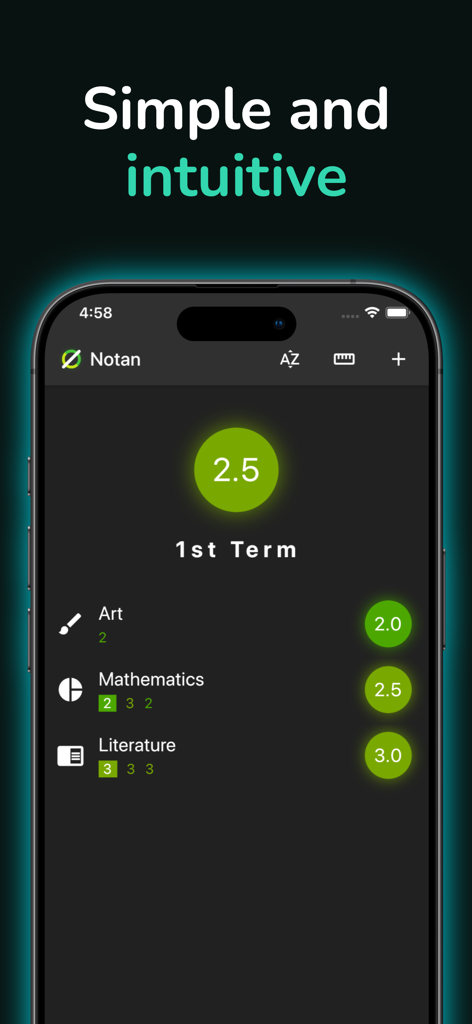 A screenshot of the Notan app showing a simple and intuitive interface for tracking school grades with subjects like Art, Mathematics, and Literature.