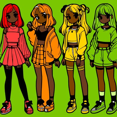 one girl with crop-top shirt and a jacket with a skirt, long socks and another girl with a shirt and pants with a jacket