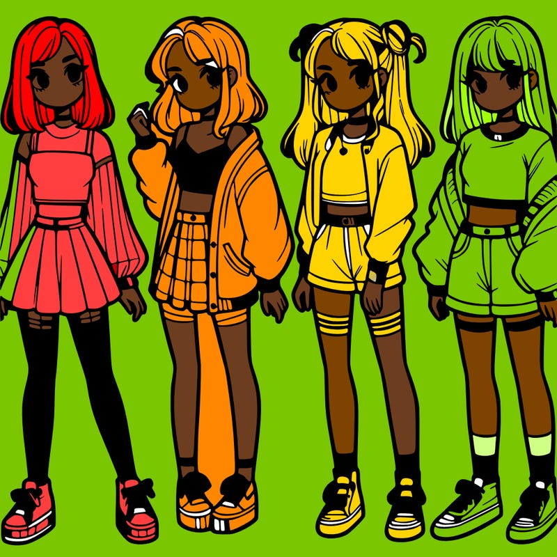 one girl with crop-top shirt and a jacket with a skirt, long socks and another girl with a shirt and pants with a jacket