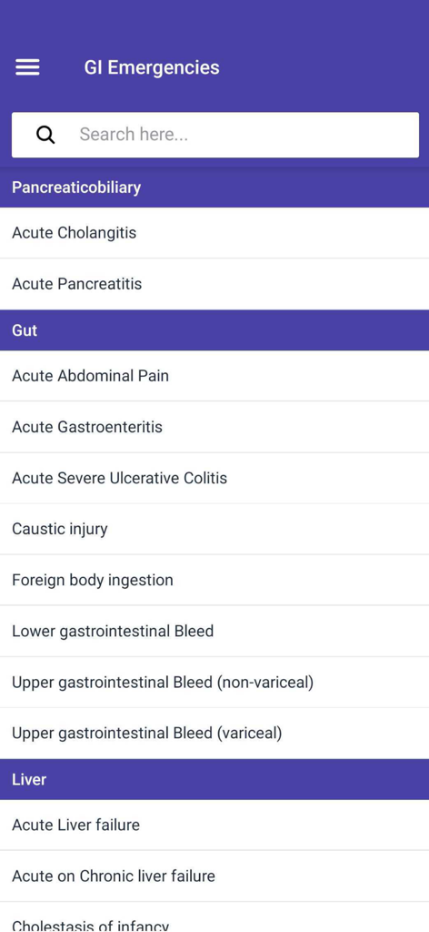 Interface principal do aplicativo Fígado e Emergências GI mostrando categorias clínicas para emergências gastrointestinais e hepáticas pancreatobiliares