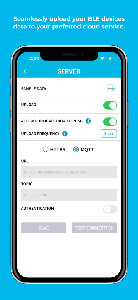 BLE Scanner 4.0 - BLE Scanner 4.0 서버 설정 화면에 MQTT 및 HTTPS 데이터 업로드 옵션이 표시됩니다.