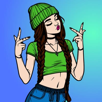 realistic teenage girl with braids and a beanie and crop top doing 🫶🏼