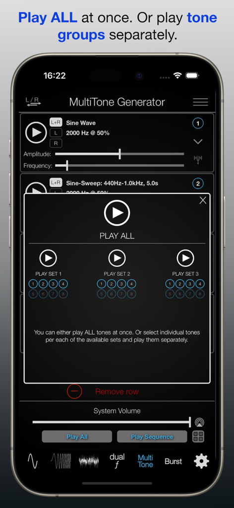 Captura de pantalla de la interfaz del generador multitono en la aplicación Audio Function Generator PRO que muestra opciones para reproducir grupos de tonos por separado.