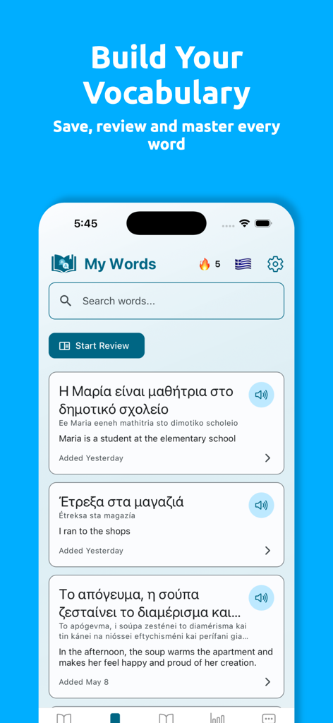 Fluency Drop - Learn Languages - Fluency Drop app interface showing a list of saved Greek vocabulary words and phrases with translations