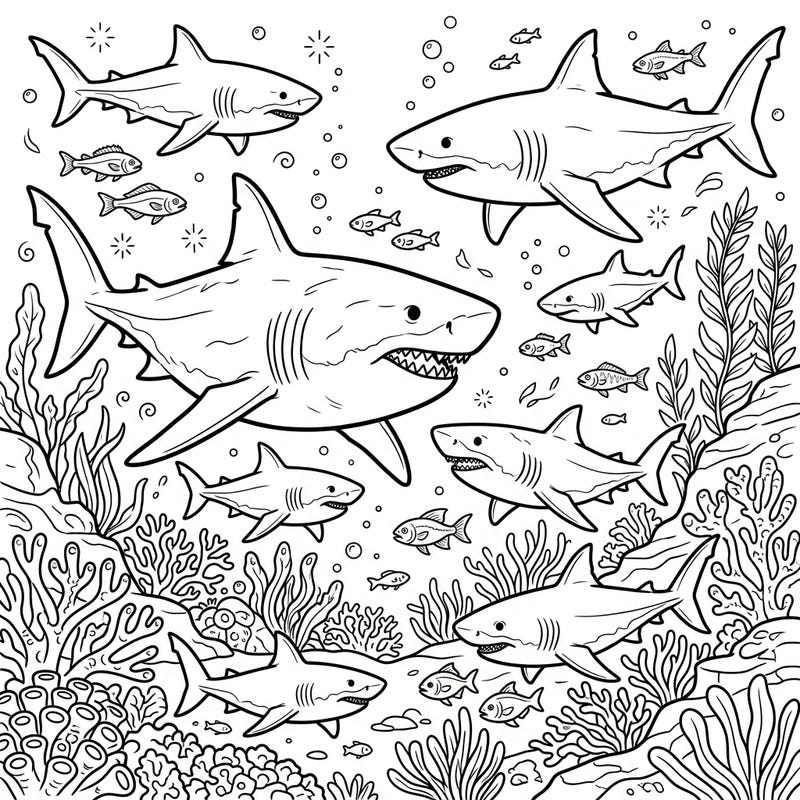Journey back in time to a prehistoric ocean nursery with this incredible Megalodon coloring page. Discover the speculative world of baby Megalodons and their parents amidst vibrant marine life.