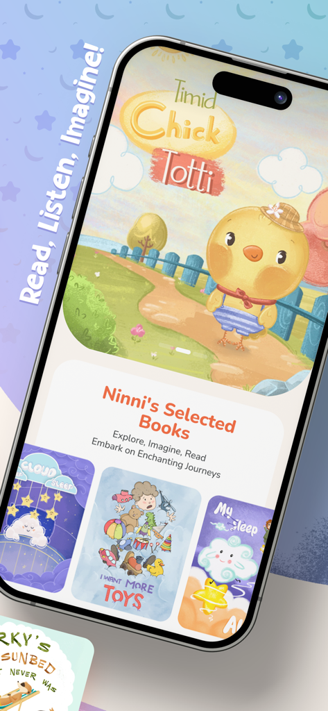 Kids Sleep Story Audio Book - Interfaz de la aplicación Ninni mostrando cuentos infantiles ilustrados, incluido el Pollito Tímido Totti