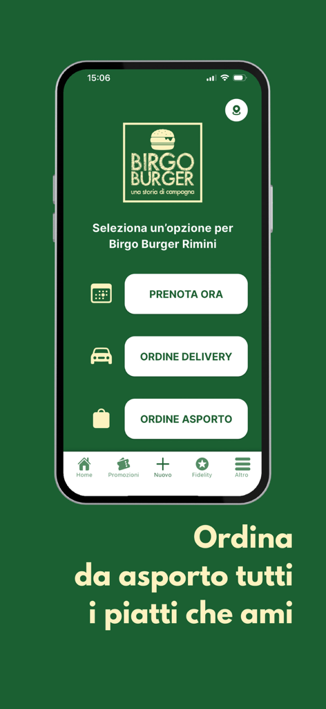 Birgo Burger - Birgo Burgerモバイルアプリのメイン画面。配達と持ち帰りのオプションが表示されています。