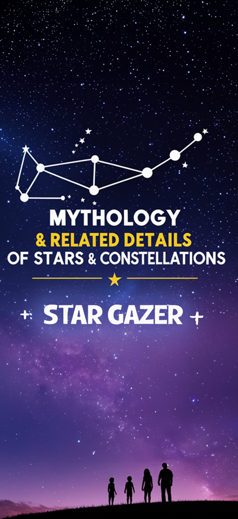 Silhouette of a family stargazing under a purple night sky with constellation diagrams and mythology text