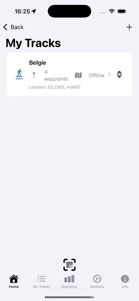 Watersport Race Tracker - List of saved watersport routes in the My Tracks screen of the Watersport Race Tracker app