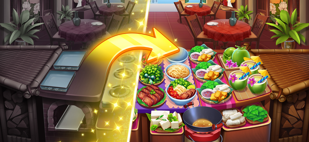 Cooking Chaos Cooking Games - Una flecha dorada que muestra la transformación de una cocina sencilla a un restaurante mejorado con platos coloridos.