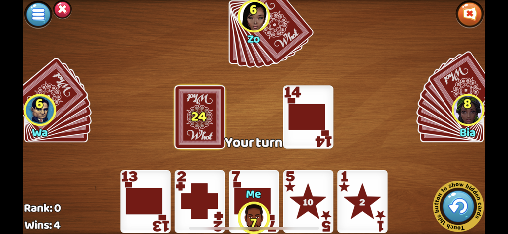 Naija Whot - Gameplay screenshot of Naija Whot mobile card game showing a four-player tournament mode on a wooden table interface.
