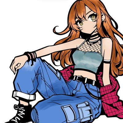 anime girl with a crop top and ripped jeans