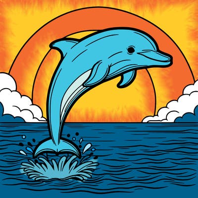 a dolphin in the open sea jumping out of the water with the sunset behind it