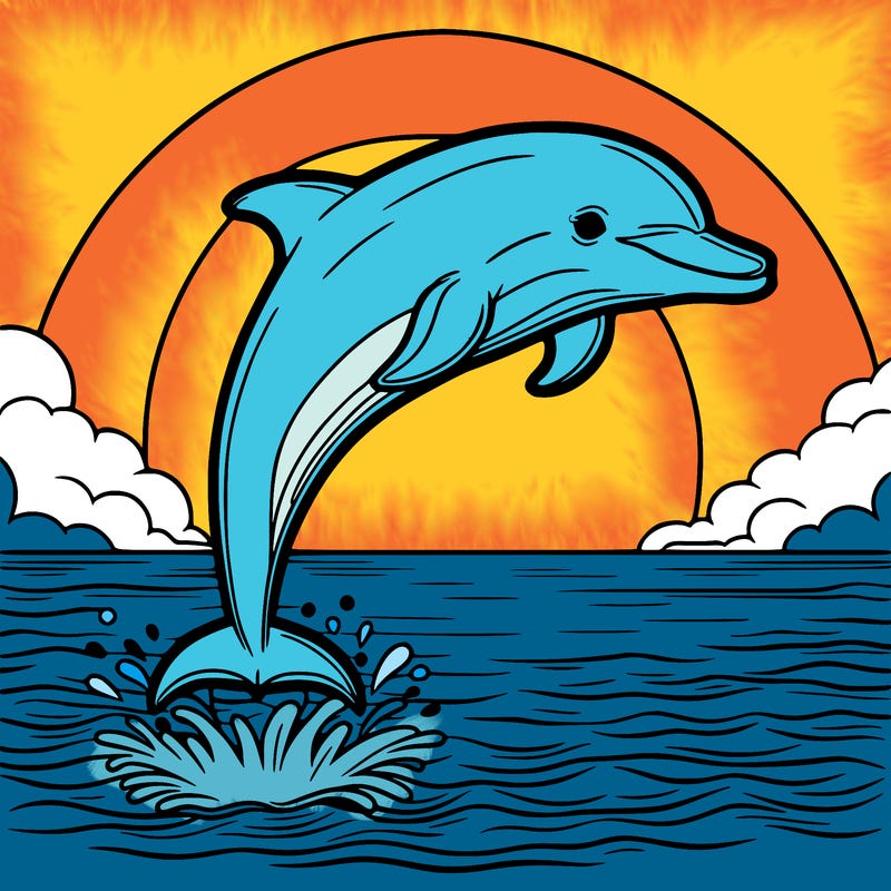 a dolphin in the open sea jumping out of the water with the sunset behind it