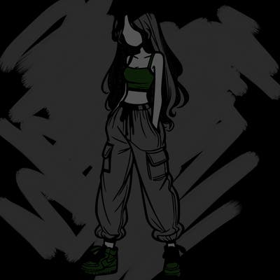 girl in baggy pants crop top and long hair