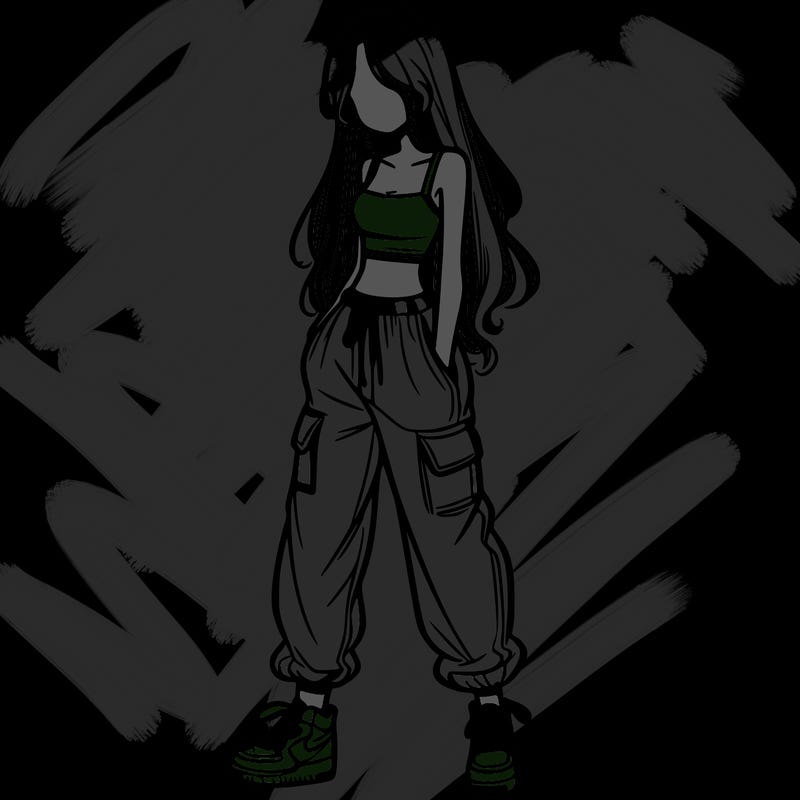 girl in baggy pants crop top and long hair