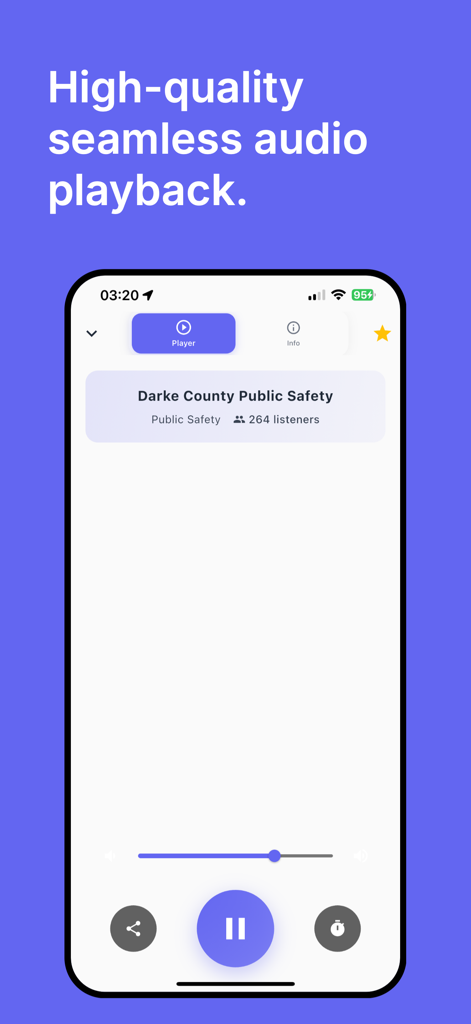 Police Scanner app player interface displaying live audio playback for public safety radio feeds.