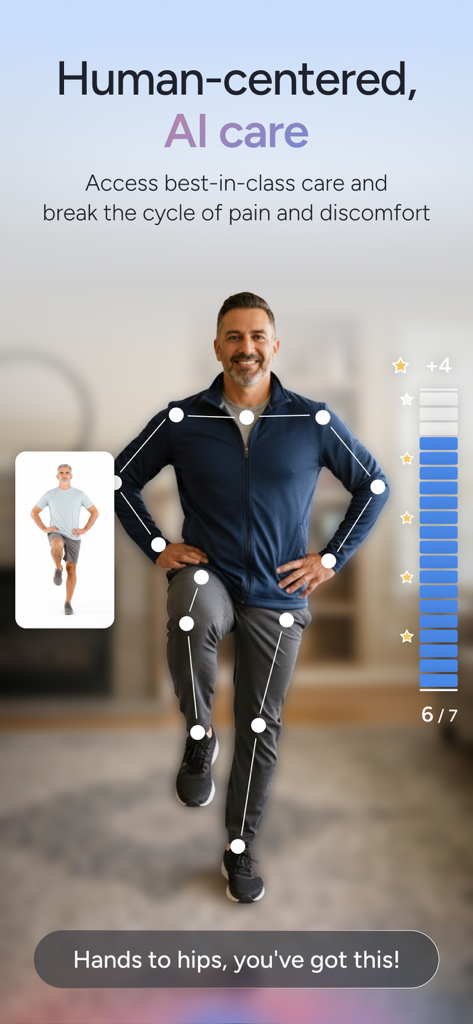 Sword Health: AI Care - Un hombre realizando un ejercicio de equilibrio con seguimiento esquelético de IA y retroalimentación en tiempo real en la aplicación Sword Health.