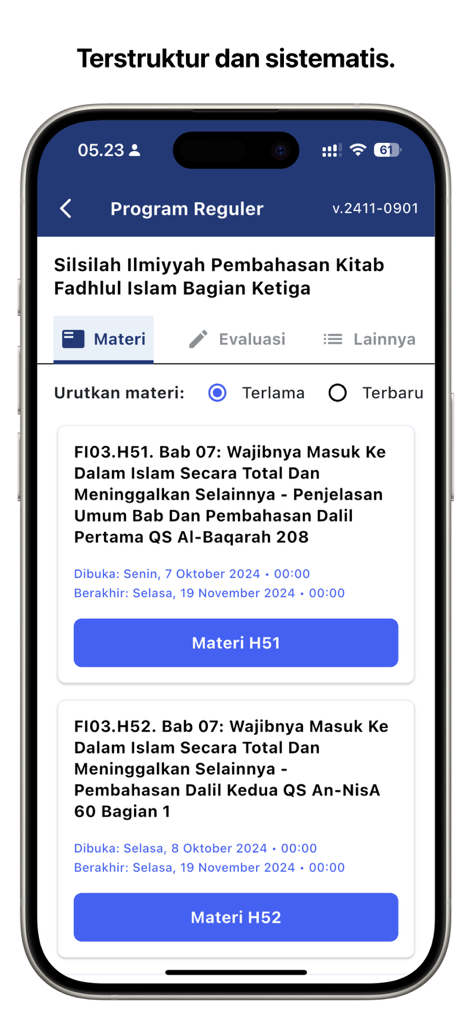 Edu HSI - Interface of the Edu HSI app displaying a list of structured Islamic educational modules in the regular program.