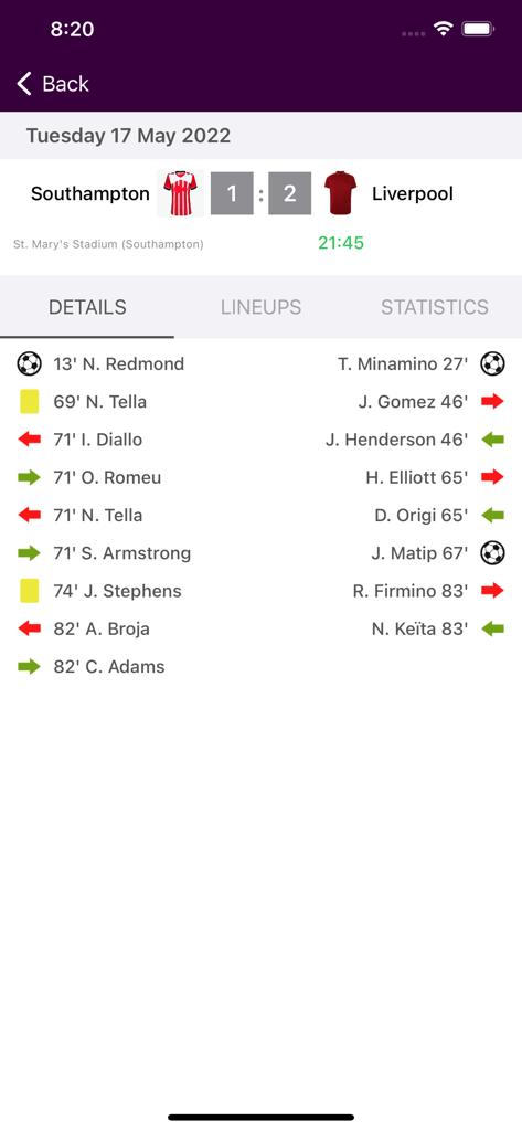 Pantalla de la aplicación móvil que muestra los detalles del partido y los resultados en vivo de Southampton vs Liverpool.