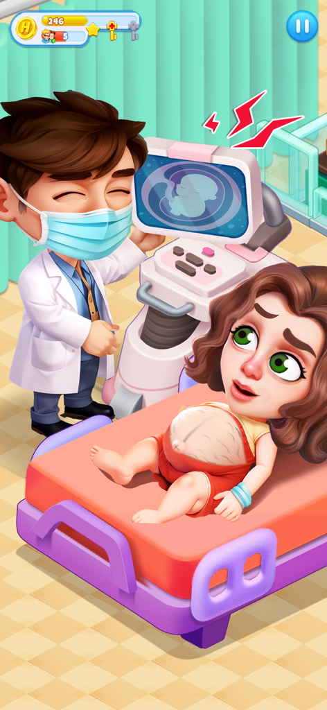 医療シミュレーションゲームで、妊娠中の患者に超音波検査を行う漫画の医師