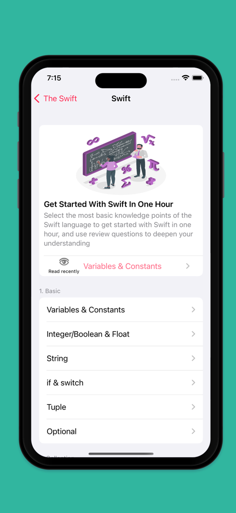 Leaflet for Swift&Algorithm - Leaflet-App-Bildschirm mit grundlegenden Swift-Programmierthemen und einem einstündigen Anfängerleitfaden