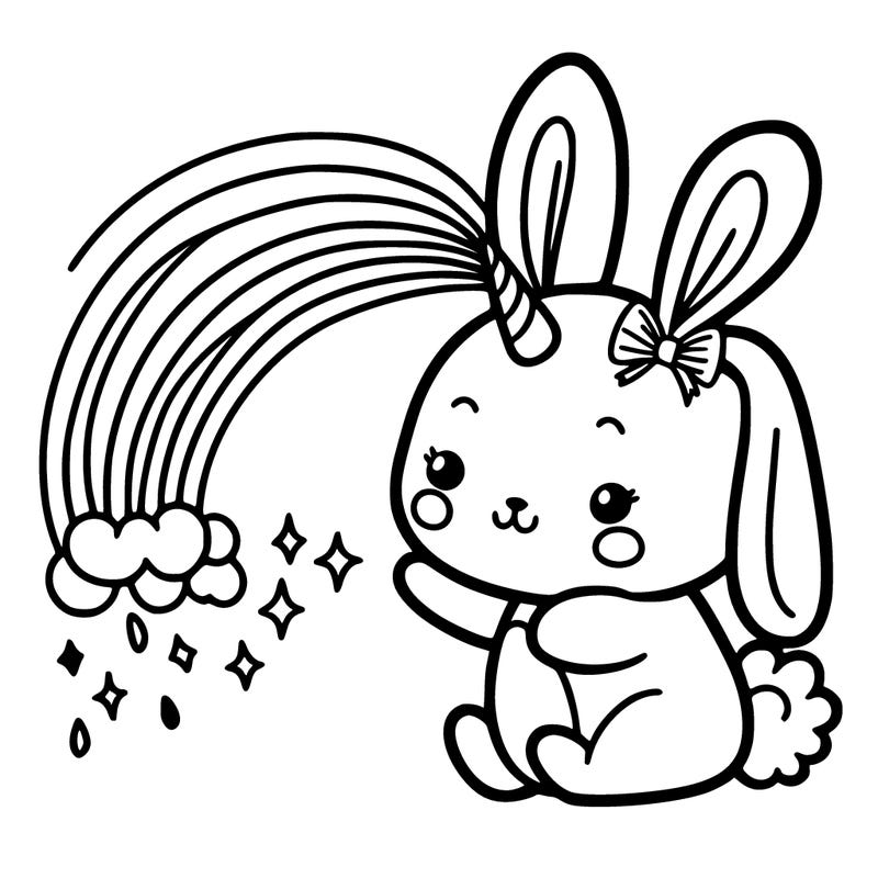 bunny with unicorn horn shooting out rainbow