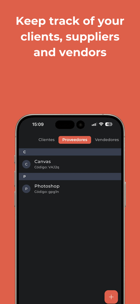 My Business Control - Écran de l'application affichant la liste de gestion des fournisseurs et des vendeurs pour les petites entreprises