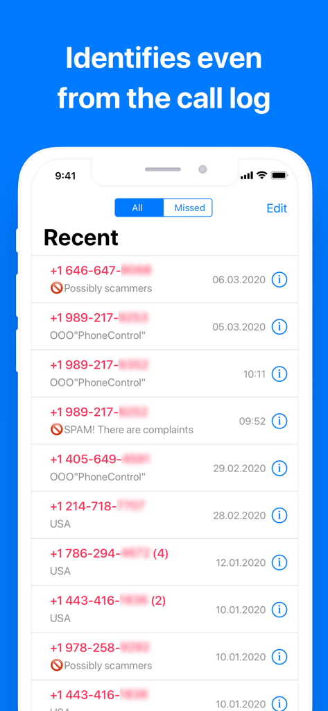 Spam Call Blocker + Caller ID - Registro de llamadas de iPhone que muestra llamadas identificadas de spam y estafas con etiquetas de advertencia