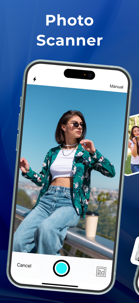 Interface de l'application Photo Scanner sur un iPhone montrant une photo en cours de numérisation.