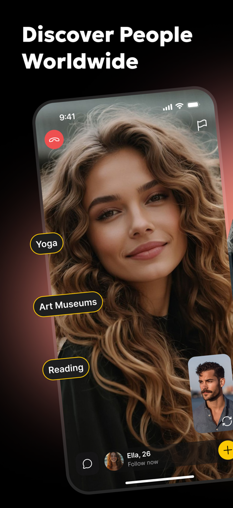 Lola: Live Video Chat, Explore - Interfaz de chat de video en vivo de la aplicación Lola que muestra etiquetas de intereses para yoga y museos de arte