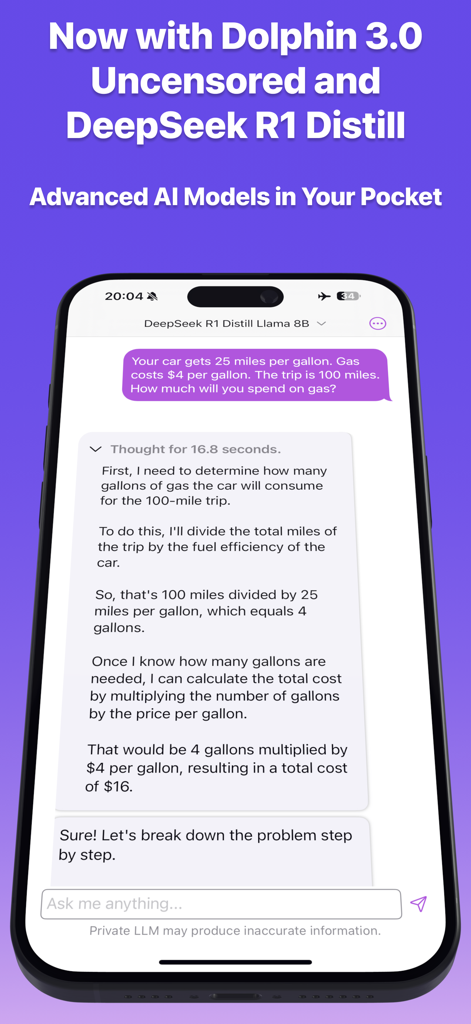 Private LLM - Local AI Chat - Interface de chat do aplicativo LLM Privado mostrando o modelo DeepSeek R1 Distill resolvendo um problema matemático localmente em um iPhone