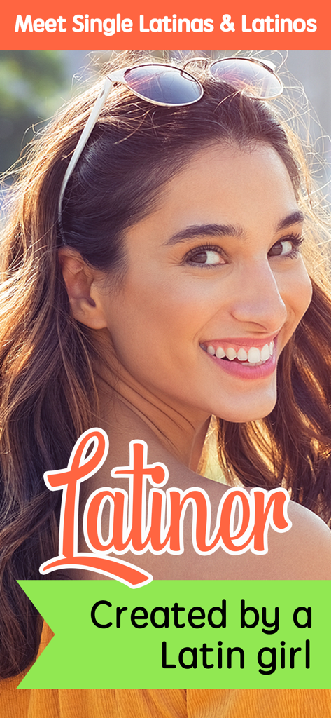 Latiner: Latino, Latina Dating - Mujer latina sonriente en la pantalla de la aplicación de citas Latiner con el titular Conoce a Latinas y Latinos Solteros.