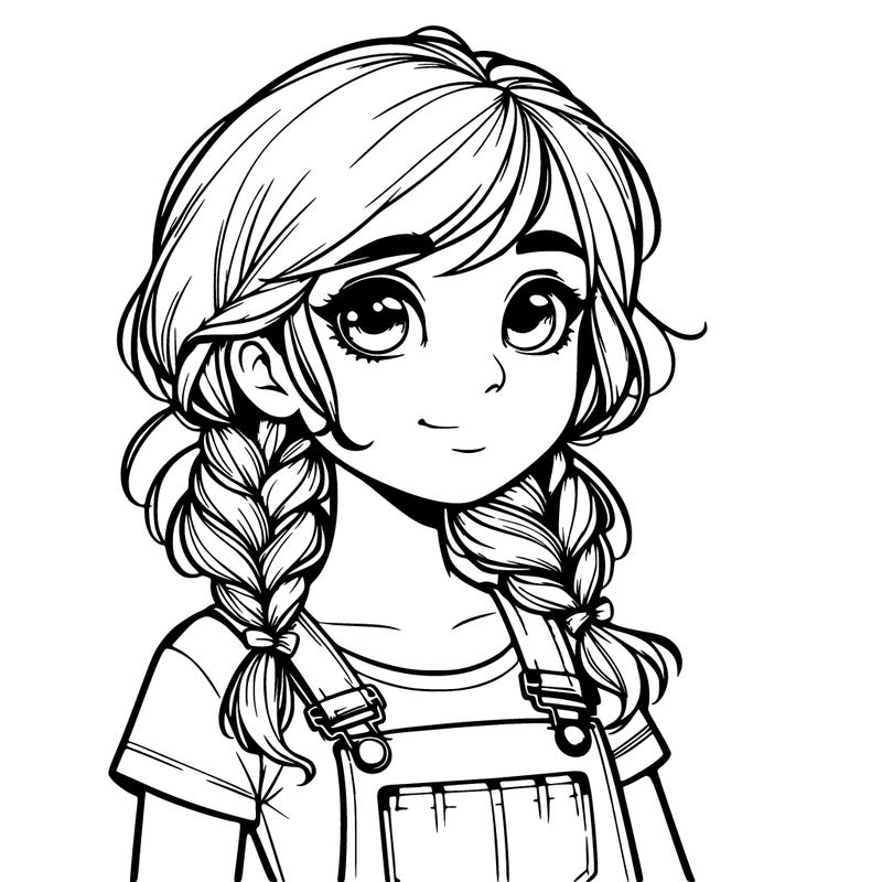 realistic girl wearing overalls and her hair is in braided piggy tails