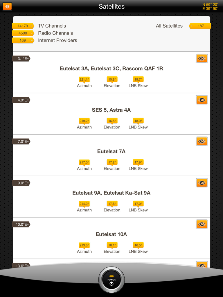 SatFinder Pro HD Dish Pointer - Interfaz de SatFinder Pro HD mostrando una lista de satélites con datos de acimut, elevación e inclinación LNB