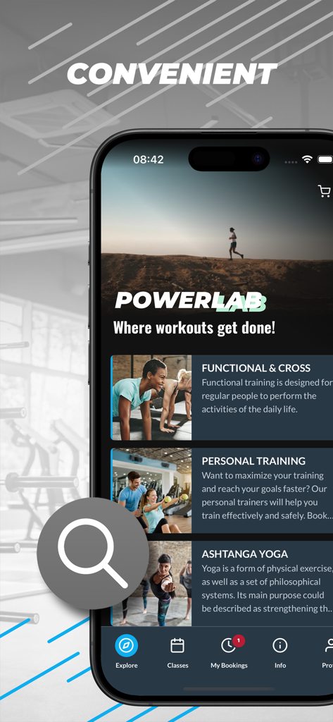 Go Active! - Go Active mobile app screen showing gym class booking options for yoga and personal training