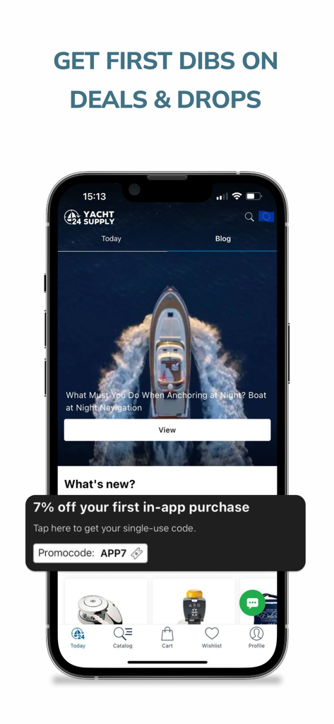 Yacht Supply App-Oberfläche mit einem 7-Prozent-Rabatt-Aktionscode für Bootszubehör und Tipps zur Schifffahrtsnavigation