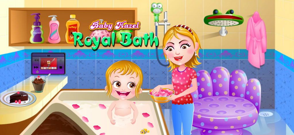 Baby Hazel in a bathtub with rose petals and her mom in a colorful bathroom